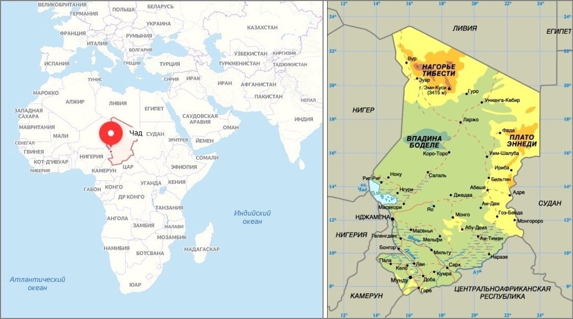 Местоположение озера Чад на карте