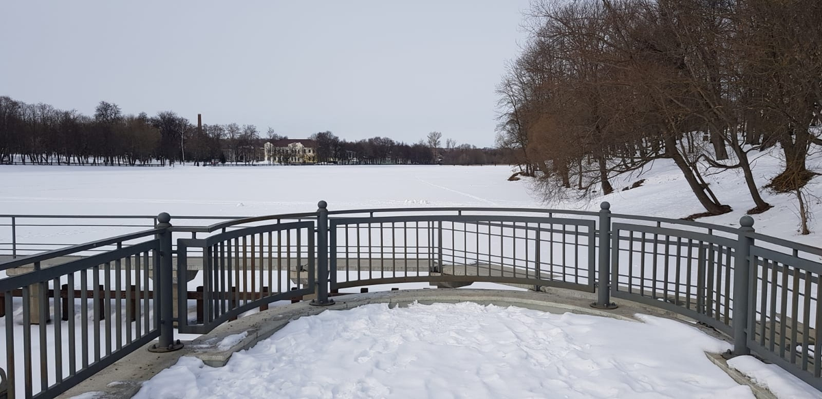 Вид с обновленной плотины на главном пруду города Богородицка, начало марта 2023 года, фотография из группы литературного общества БЛОК