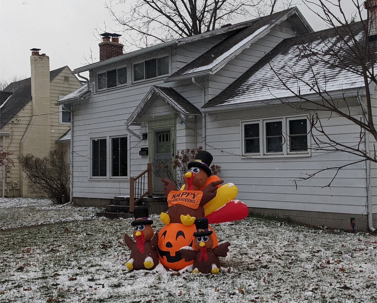 Вообще, к Дню благодарению в Америке дома особенно не украшают. В нашем районе только одни соседи поставили вот таких надувных индеек во дворе.