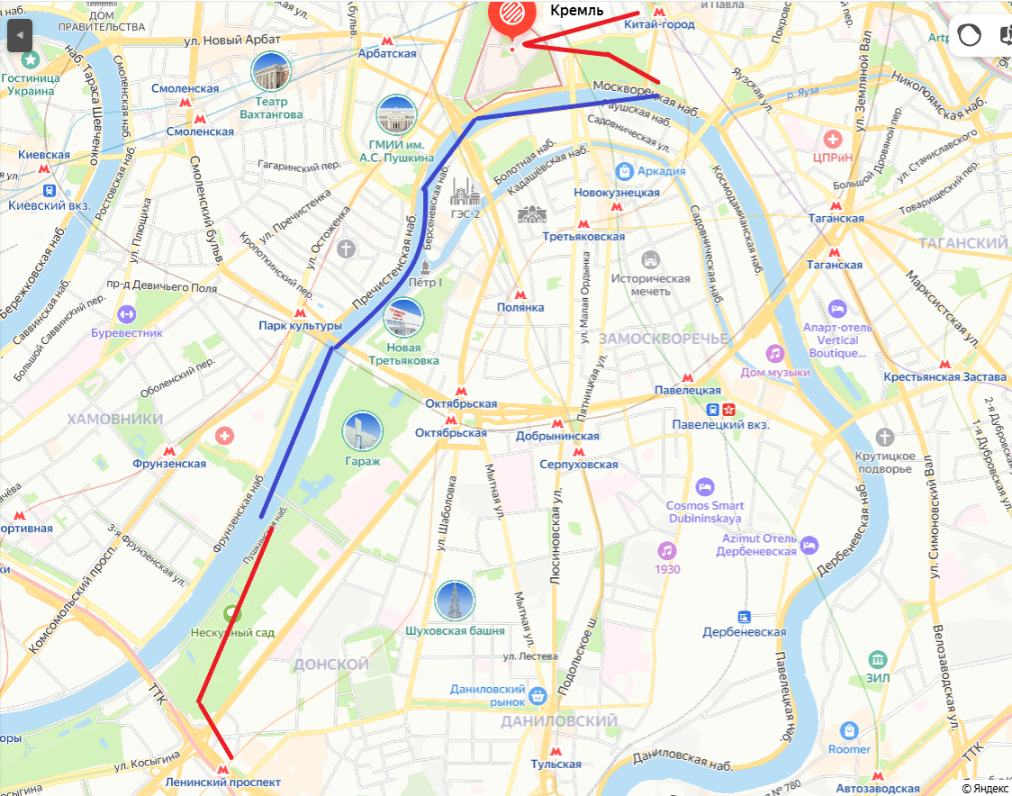От Нескучного сада до Кремля. прогулочный маршрут. Красная линия пешочком, синяя линия по воде на теплоходе