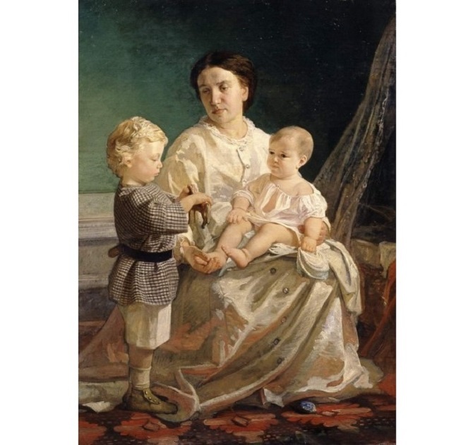 Николай Ге. Портрет жены художника Анны Петровны с сыновьями Николаем и Петром. 1861. Холст, масло. 137 х 98. Государственный Русский музей