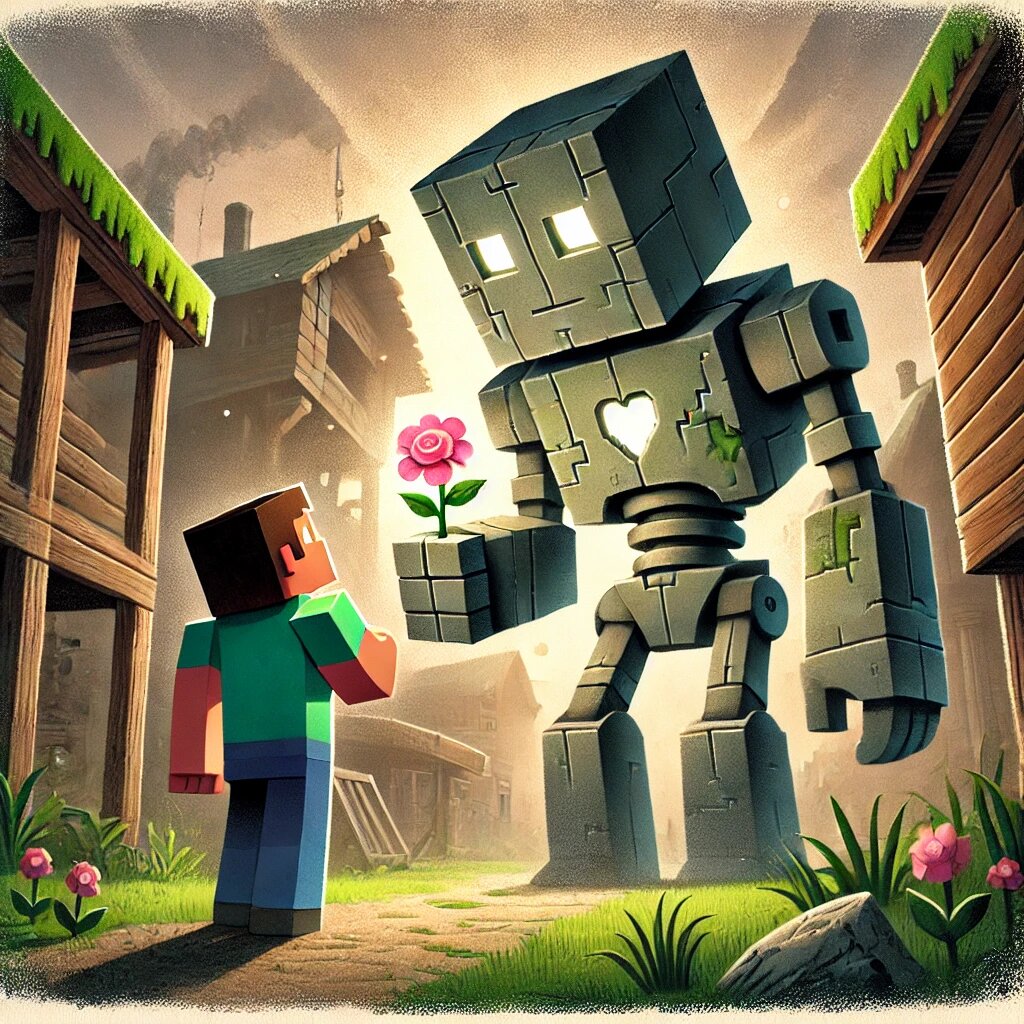 Железный голем принимает цветок из рук Вилла