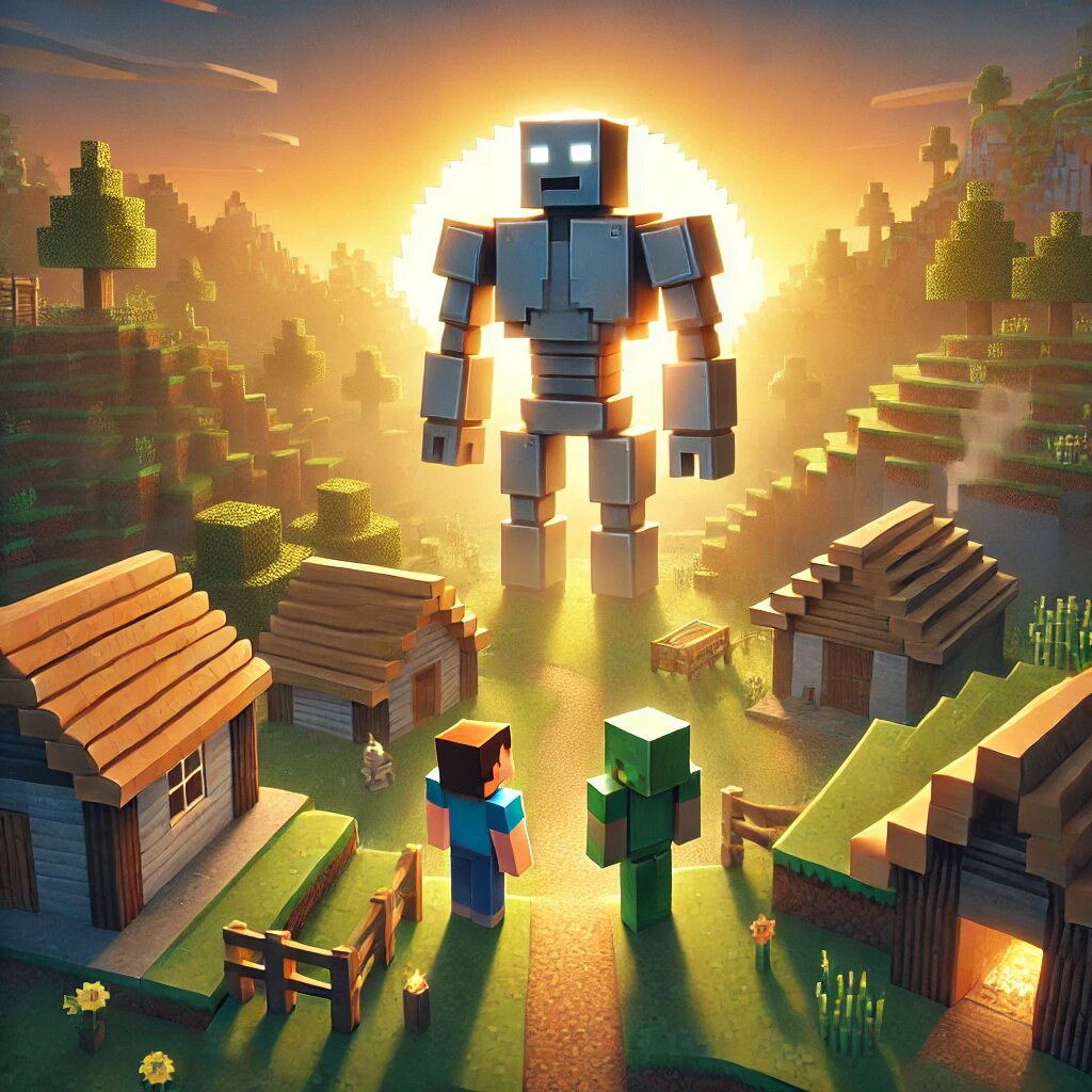 Вилл и Стив стоят на краю оживающей деревни, а железный голем гордо охраняет их новый дом