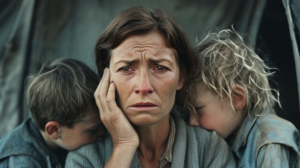 Иллюстрация ИИ по мотивам Migrant Mother — фото, ставшего одним из символов Великой депрессии