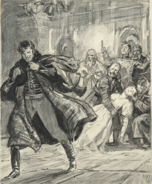 Бурмин покидает сельскую церковь после венчания. Рисунок Д.А. Шмаринова (источник фото: https://pushkinmuseum.ru/sites/default/files/pictures/event/sozdanie-materiala-predmet/20.kp11937.jpg)