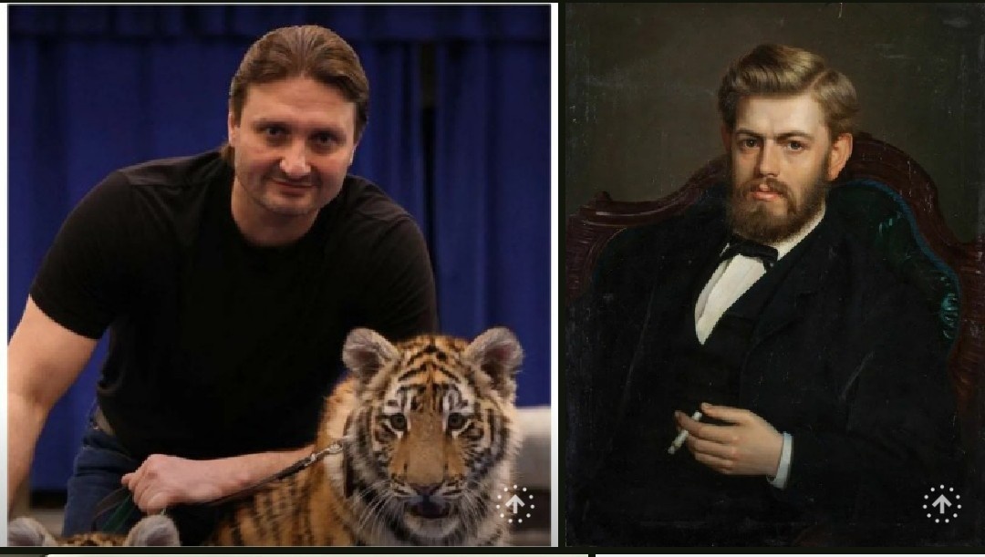 Эдгар Запашный с тигрёнком и купец Михаил Алексеевич Хлудов, коллаж автора.