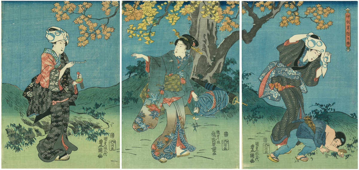 Сбор грибов в середине осени, триптих, гравюра. Утагава Кунисада