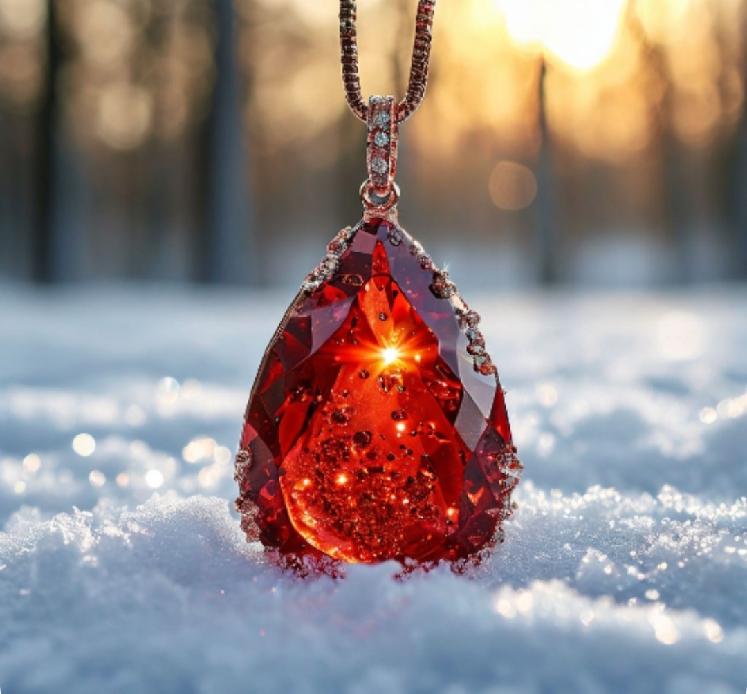 Красный кулон на снегу. Создано в нейросети
