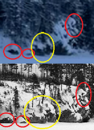 Фото 2_1. Сверху - фрагмент кадра Киреева, снизу - фрагмент кадра дятловцев. Нет никаких сомнений, что это те же самые камни.