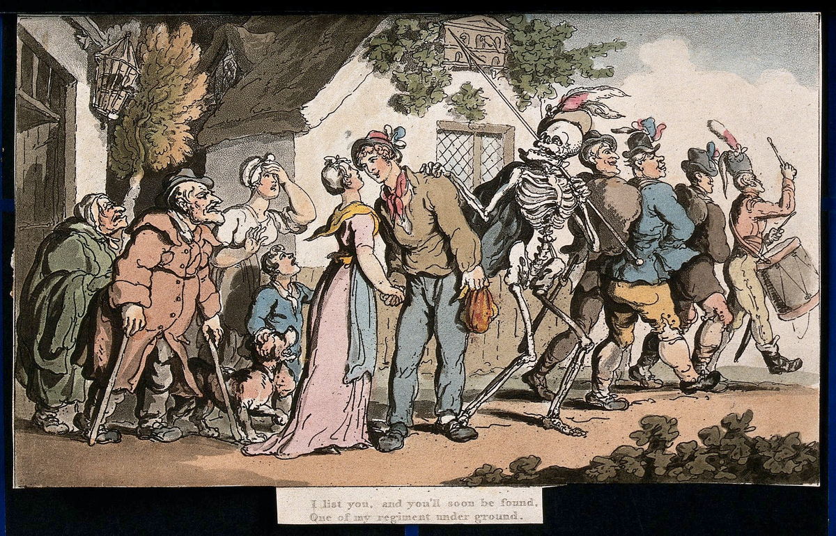 Танец смерти; новобранец. Акварель Томаса Роулендсона, 1816
