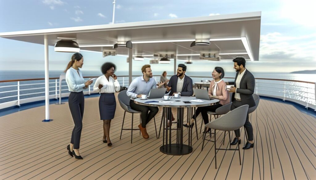    Друзья за чашкой кофе на палубе круизного лайнера