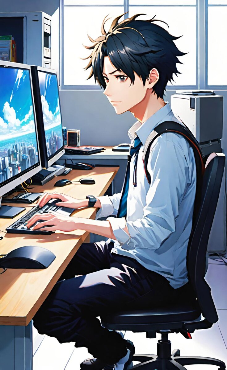 На картине офисный рабочий, который может переживать не пропустить важное письмо