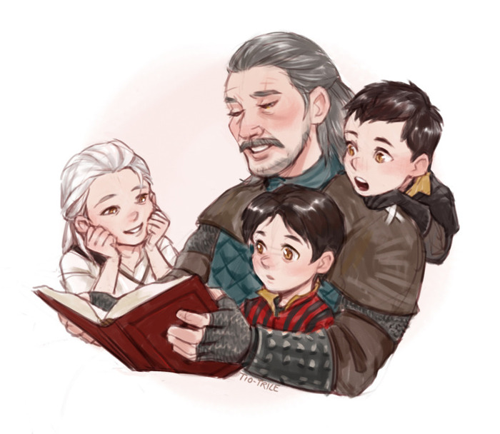 Весемир читает молодым ведьмакам новую книгу (арт Tio-Trile, picabu.ru).