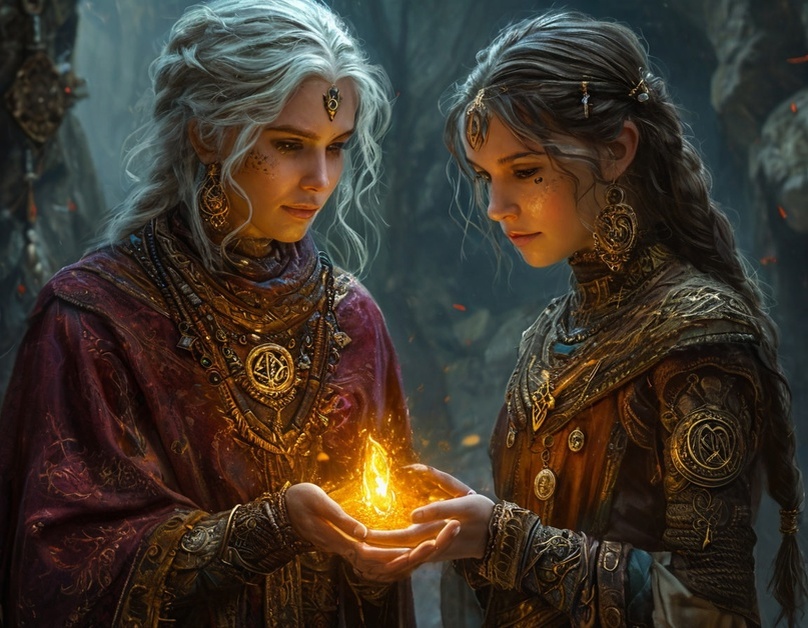 Женщина передает девушке амулет, светящийся магическим светом