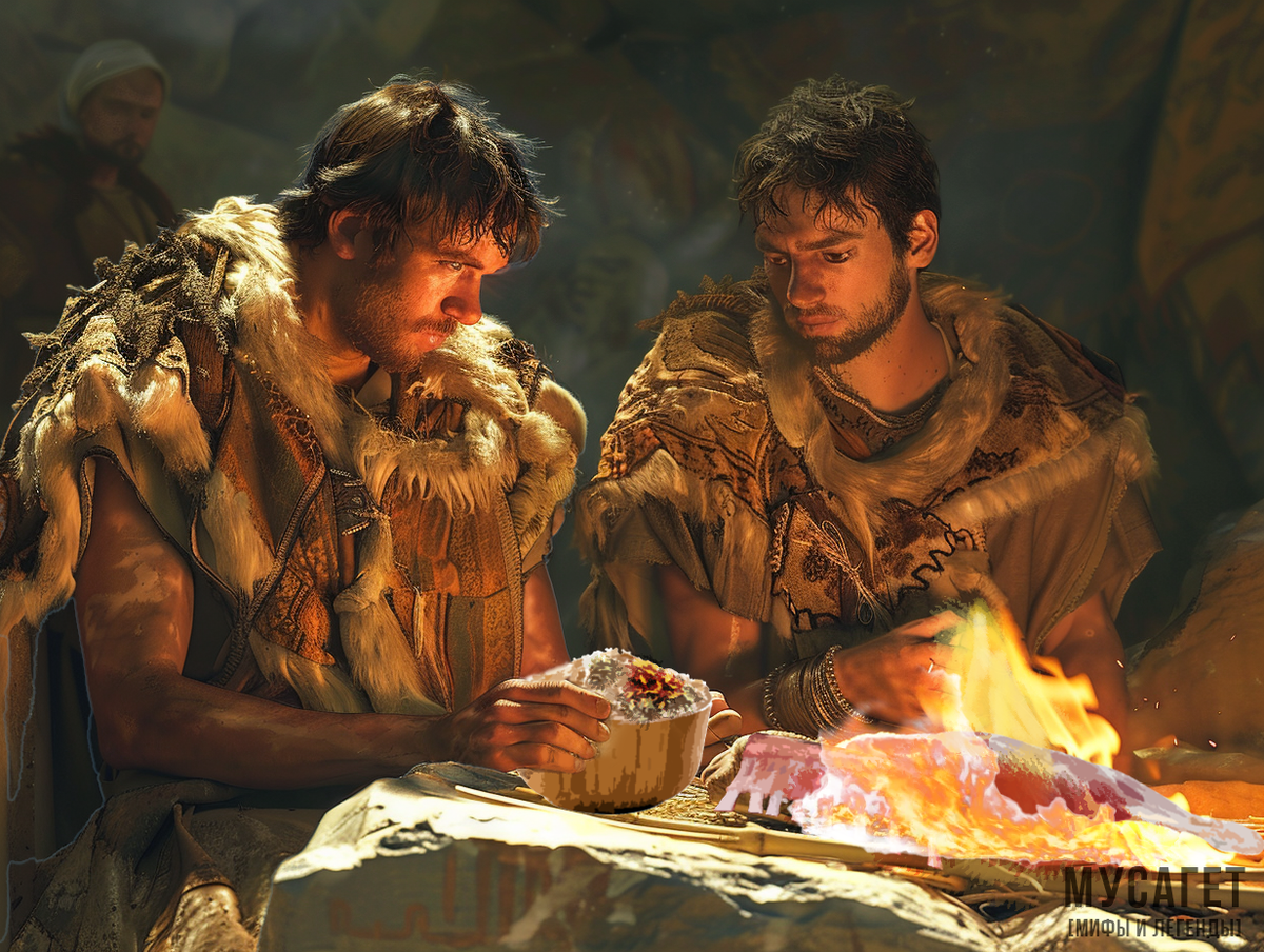 Каин и Авель приносят жертву Богу