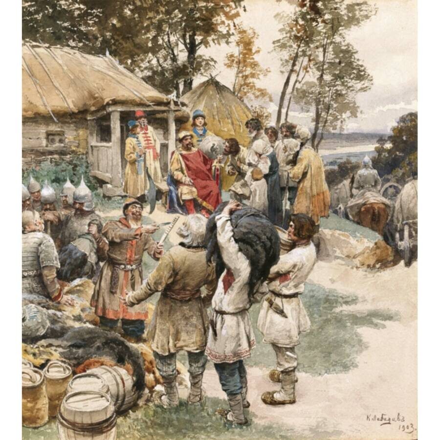 К. Лебедев. Князь Игорь собирает дань с древлян в 945 году