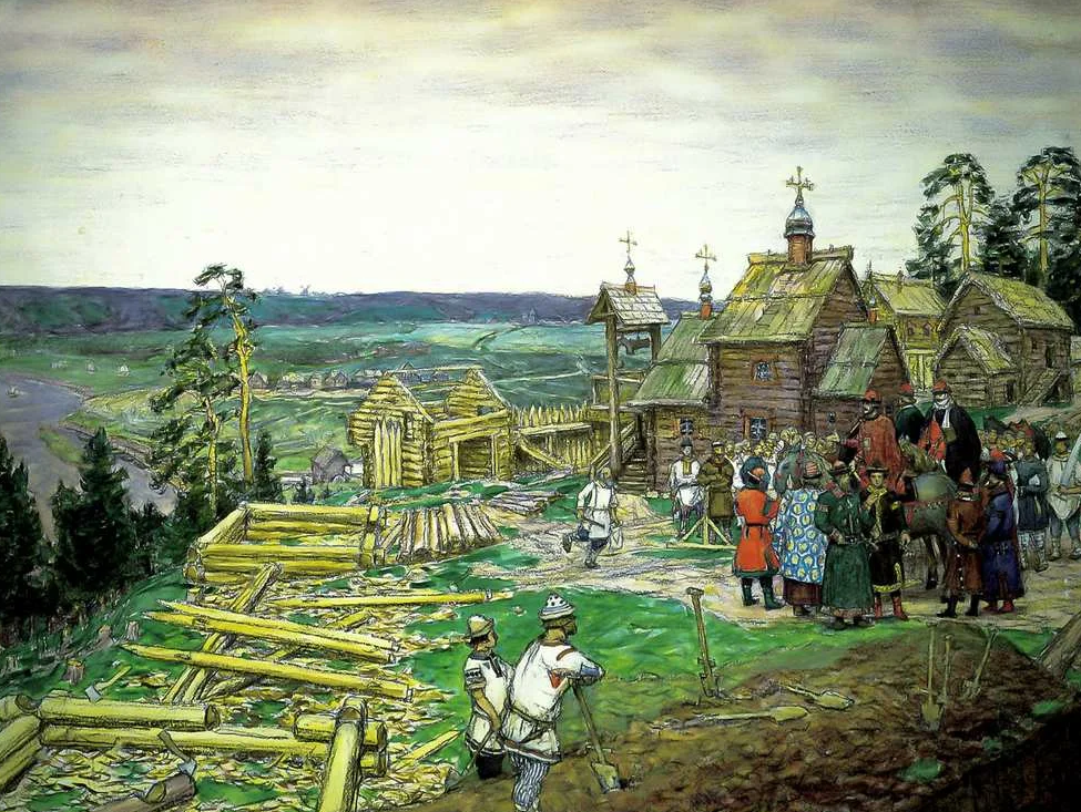 Начало XII века. Строительства Кремля на мысе между Москва-рекой и Неглинкой, за которой возвышается Чертольский холм. Историческая реконструкция. Художник Аполлинарий Васнецов.