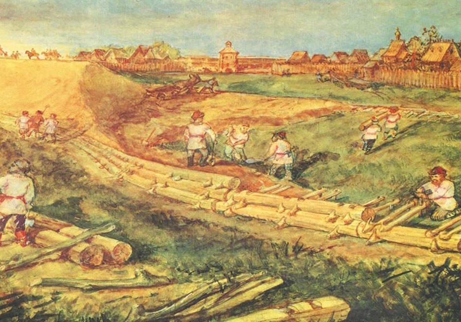 Строительство Московского Кремля в XII веке. Историческая Реконструкция М. Рабиновича и Д. Кульчинского. На рисунке очень точно изображён способ укрепления основания земляных валов бревенчатыми конструкциями, который, согласно данным археологических раскопок, применялся при строительстве древних крепостных сооружений на Боровицком холме.