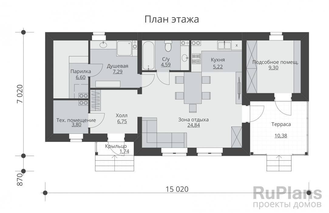 Общая площадь  68,4 кв.м
Жилая площадь  24,8 кв.м
Размеры дома  7 x 15 м
Высота здания  5,7 м
Количество комнат  1
Отделка  облицовочный кирпич
Материал стен  кирпич
https://ruplans.ru/proekti/proekti_5689.html