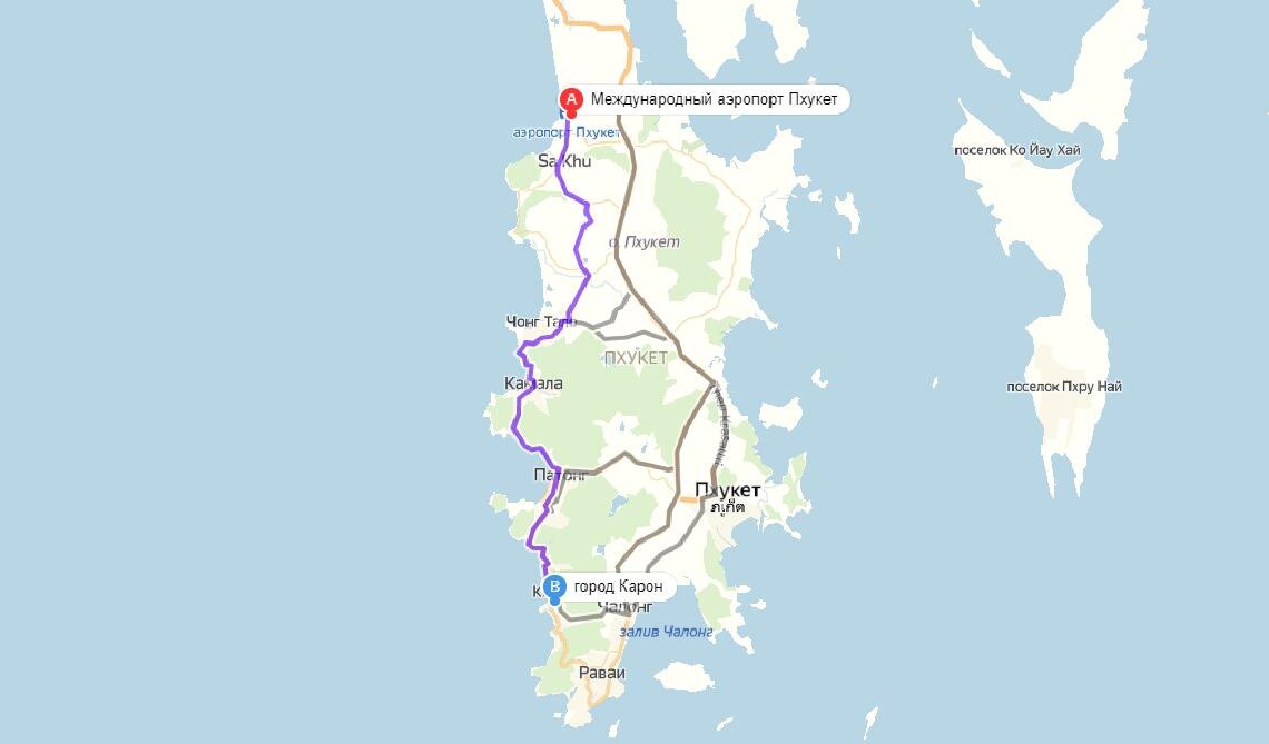 Расположение пляжа Сурин от аэроплрта Пхукета.
