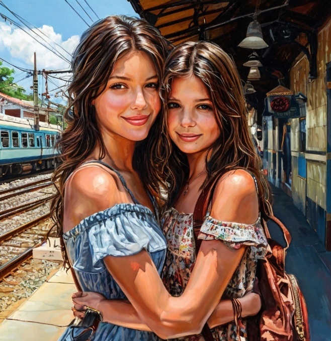 Вика с мамой на вокзале