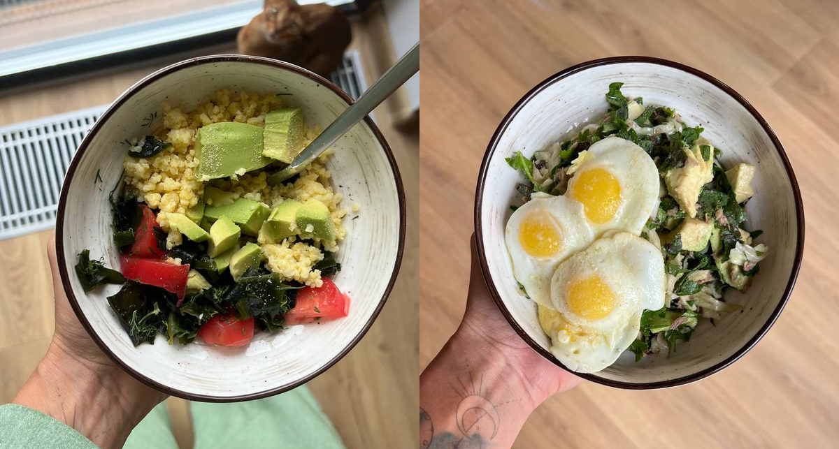 пшенная каша с авокадо, овощами и оливковым маслом/ салат с перепелиными яйцами