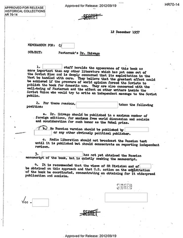 Первая страница меморандума. 12 декабря 1957 года © Central Intelligence Agency, Freedom of Information Act Electronic Reading Room / foia.cia.gov
Подробнее на livelib.ru:
https://www.livelib.ru/articles/post/28960-kak-tsru-izdavalo-doktora-zhivago