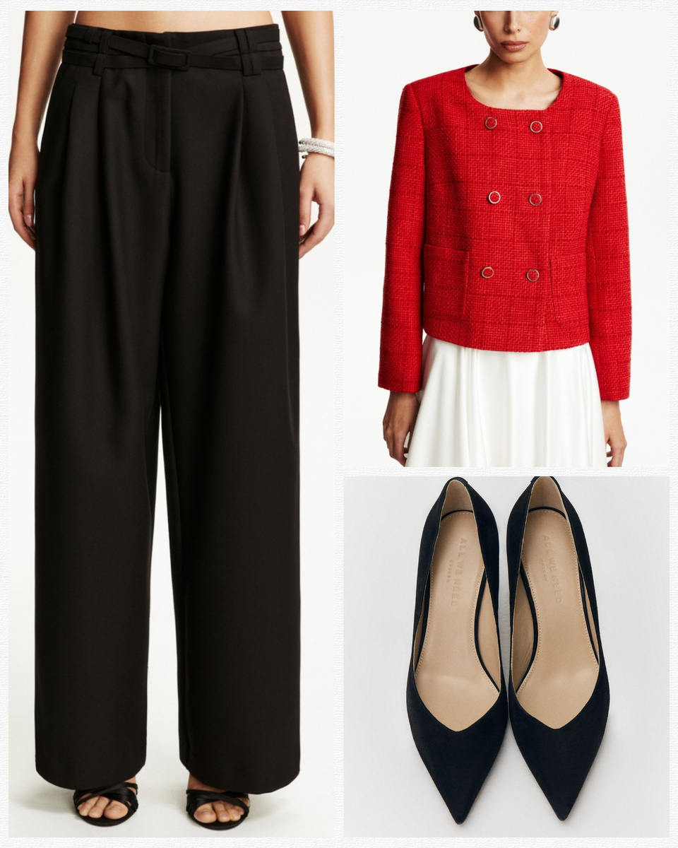 Бренд All we need. Жакет 15990 руб. Брюки палаццо 16990 руб. Туфли на шпильке 14990 руб.