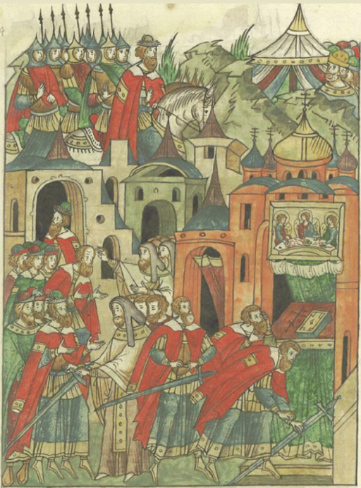 Князь Довмонт в церкви Святой Троицы перед военным походом кладёт меч перед святым Князь Довмонт в церкви Святой Троицы перед военным походом кладёт меч перед святым алтарем