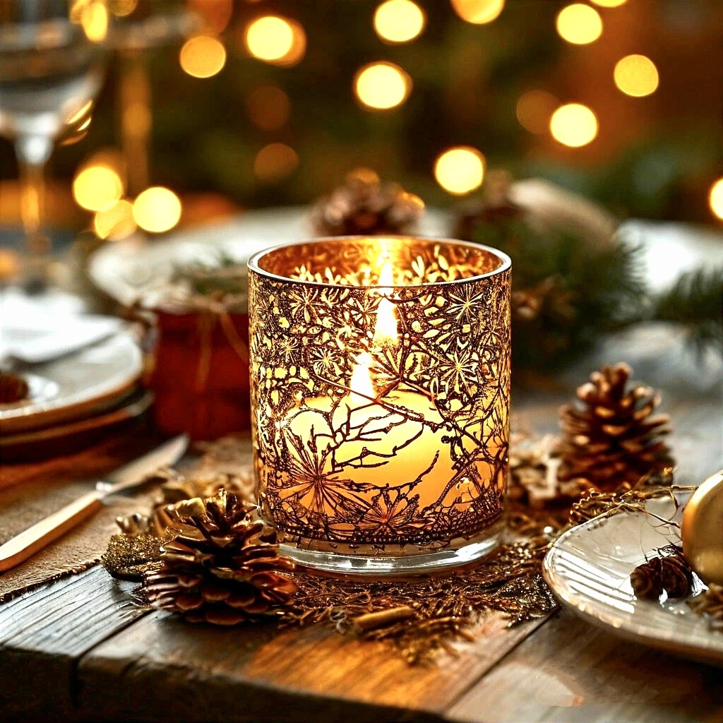 Ароматическая свеча, дарящая атмосферу уюта, на новогоднем столе.