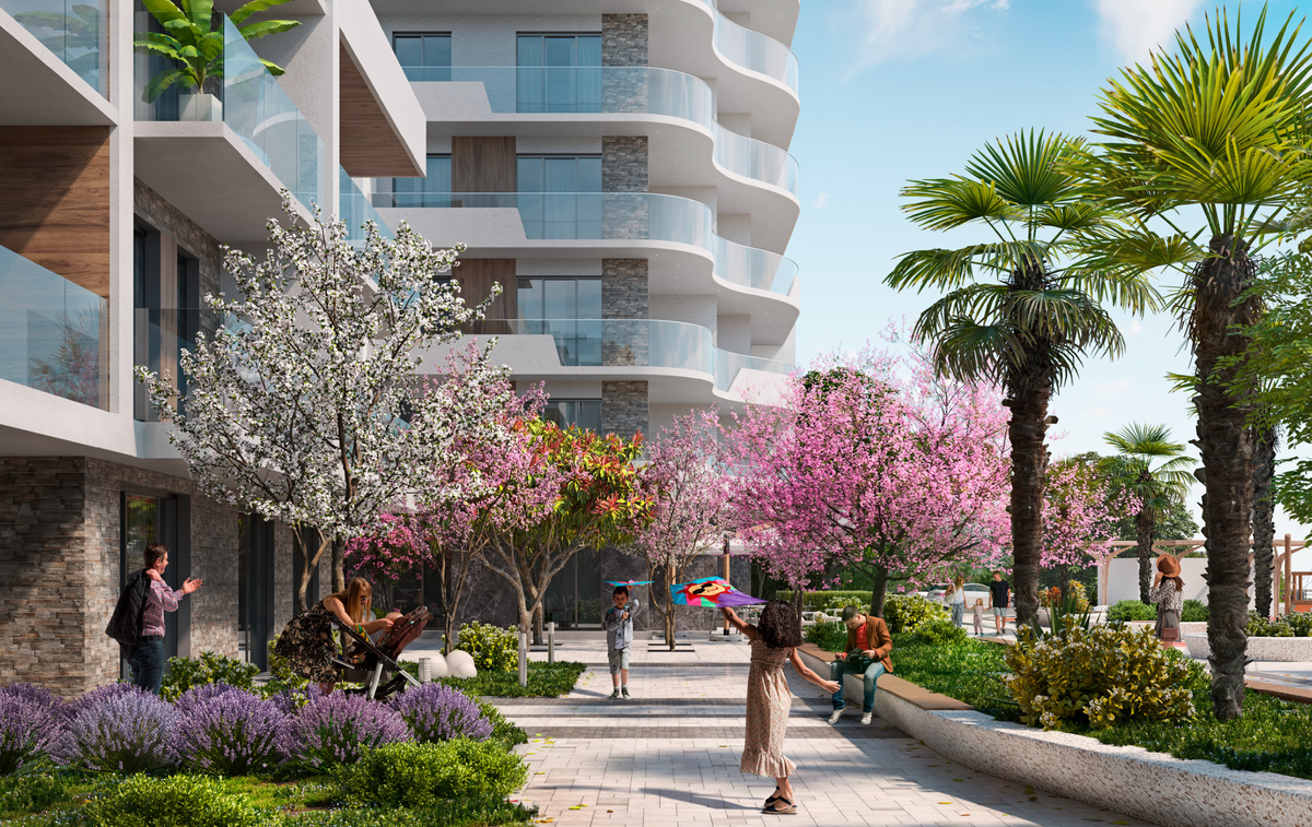 Визуализация (рендер) территории жилого комплекса Миндаль.