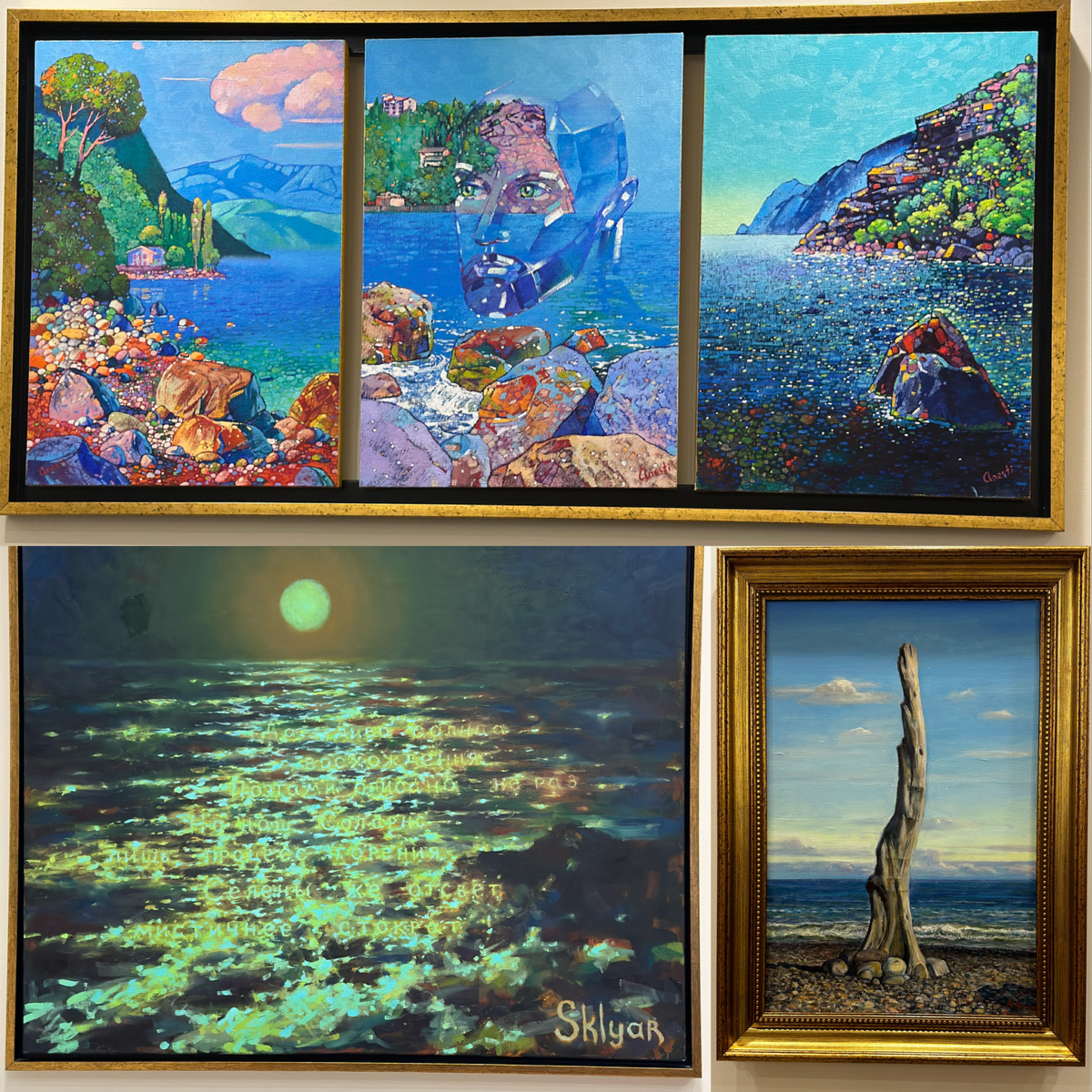 Вверху: «Сны об Утёсе» в содружестве с Анастасией Анэсти. Внизу картины в стихах: слева -  «Восход Луны» в содружестве с Сергеем Скляровым, справа - «Памятник древу» в содружестве с Валерием Николюком