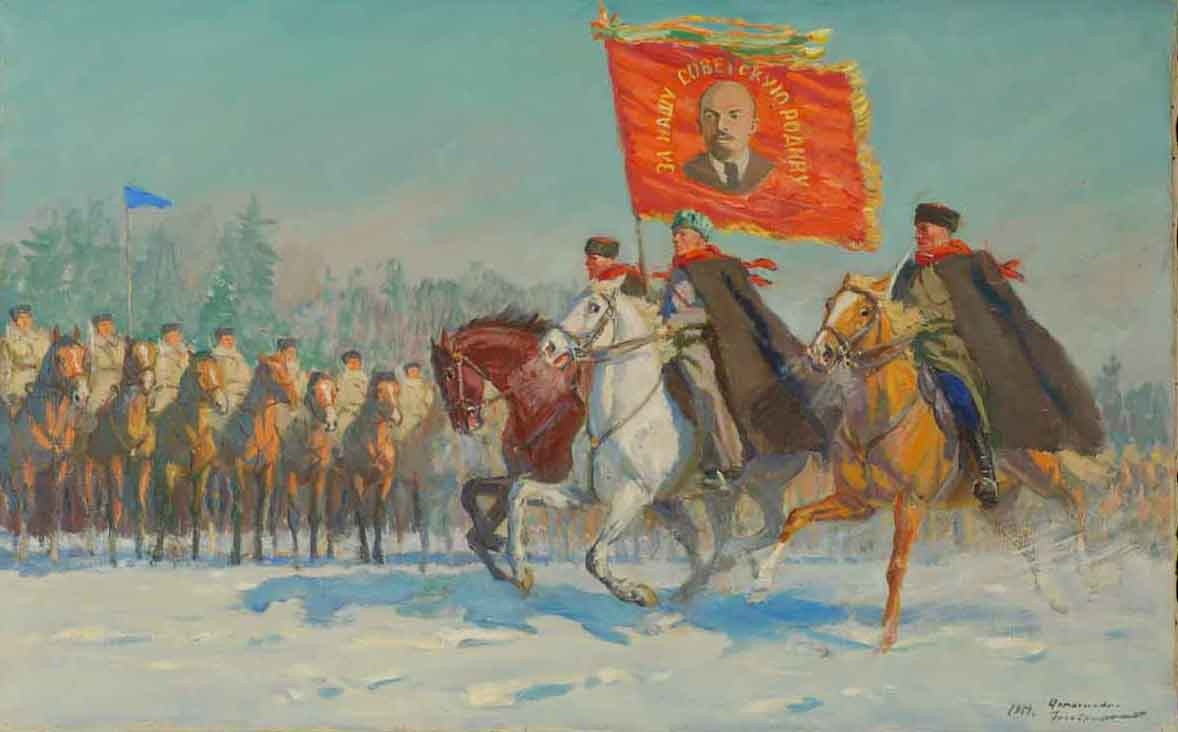 «Гвардейское знамя» Преображенский Б.В., Домогацкий Д.Н., 1951. Холст, масло. 58х92 см. Музей коневодства МСХА им. Тимирязева.