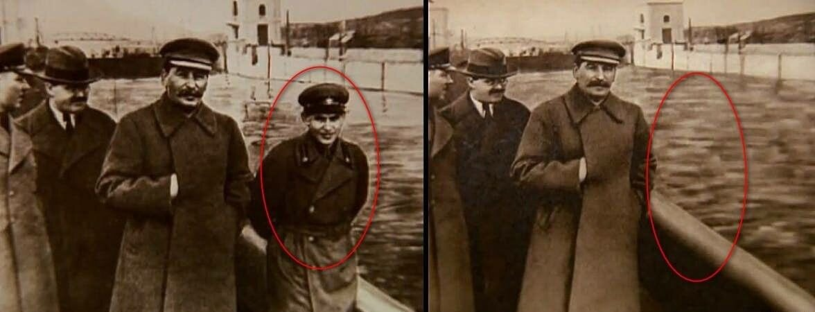 Фотошоп по-советски. Когда Ежов попал в опалу, его убрали с этой знаменитой фотографии