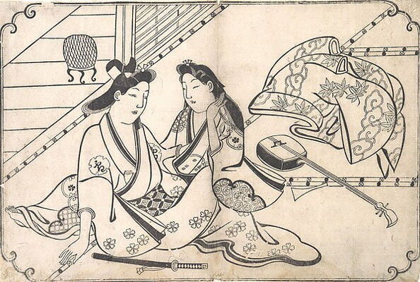 Двое влюбленных.  Художник: Хисикава Моронобу, 1675-1680  Полихромная гравюра на дереве; бумага, тушь и краски - Музей искусств Метрополитен, Нью-Йорк, New York                         На этой гравюре с воздушной перспективой, которая была характерной чертой японского искусства, изображены двое влюбленных: воин-самурай, чей меч виден на переднем плане и лежит рядом с ним, и женщина, бросившая свой музыкальный инструмент. Над музыкальным инструментом, кажется, парит в воздухе верхняя одежда, как будто ее только что сбросили. Комната изображена в элементарных формах с помощью горизонтальных и вертикальных линий, которые пересекаются на паре, чьи фигуры начинают сливаться в криволинейные формы их фигур и одежд. Слева через открытую панель виден внешний балкон.Семья Моронобу занималась текстильным бизнесом, и он применил свои знания не только в создании моделей одежды, но и в своем понимании того, как ткань движется на теле человека. Его мастерство владения линией проистекает из его понимания каллиграфии, что проявляется в различной степени точности создания фигур и их окружения. Когда рукава и одеяния влюбленных движутся параллельными линиями, их ткань и фигуры начинают сливаться в том месте, где соприкасаются их тела. Это ранний образец "сюнги", и, возможно, он был фронтисписом для серии из 12 гравюр, изображающих танец сексуальных отношений, поскольку фронтиспис часто был более благопристойным и служил своего рода прелюдией.