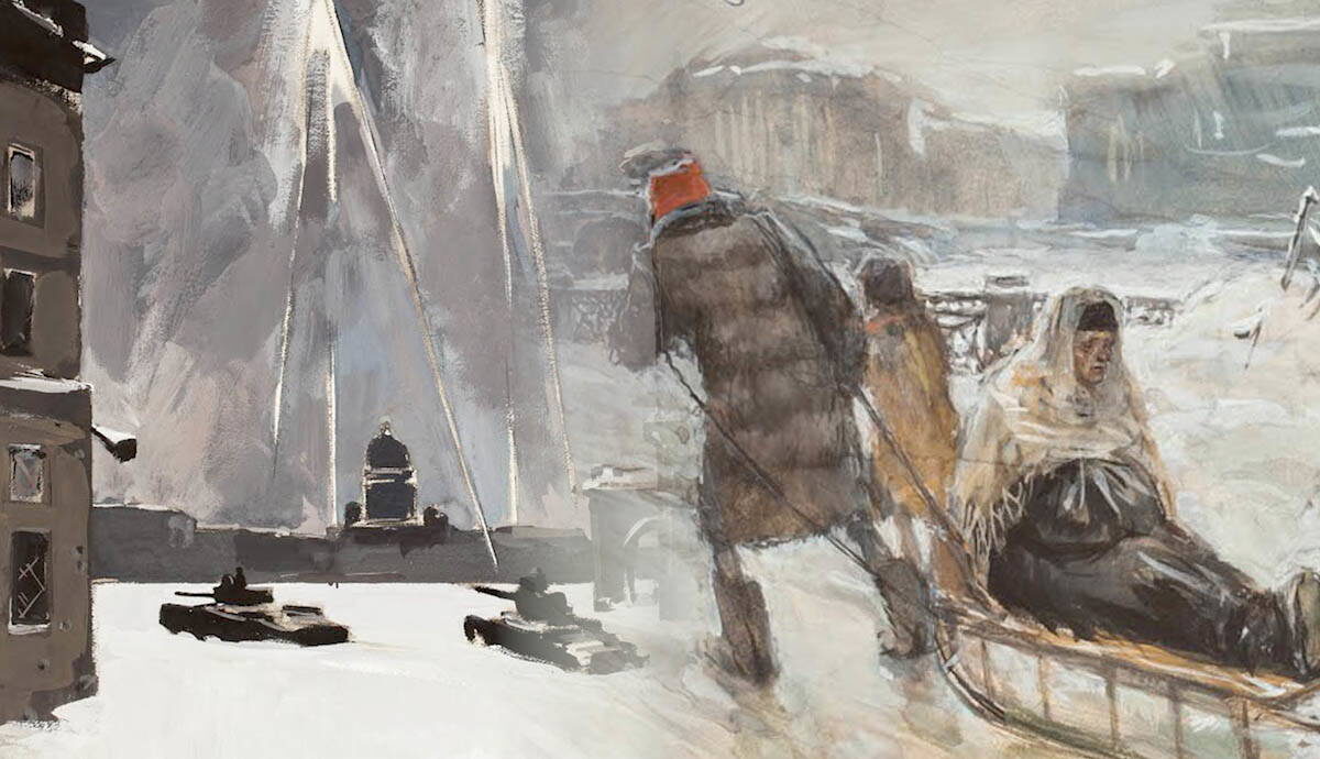 «Беспокойные ночи» В. М. Судаков, 1960, Музей блокады Ленинграда, Санкт-Петербург; и «В госпиталь», Юрий Непринцев, 1941, Музей блокады Ленинграда, Санкт-Петербург