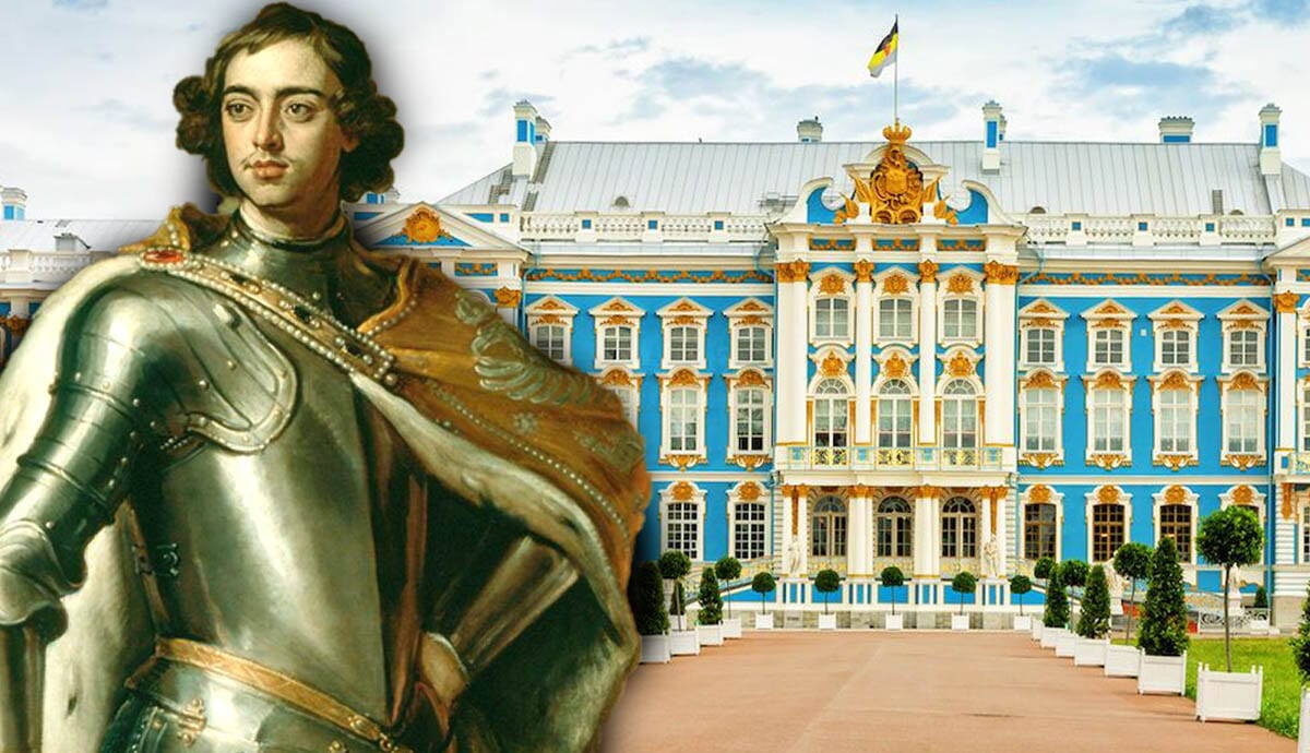 Деталь Петра Великого, царя России (1672-1725) работы Годфри Кнеллера , 1698 г., из Королевской коллекции; с императорским дворцом «Петергоф» (по-голландски «Петров двор») в Санкт-Петербурге, Россия