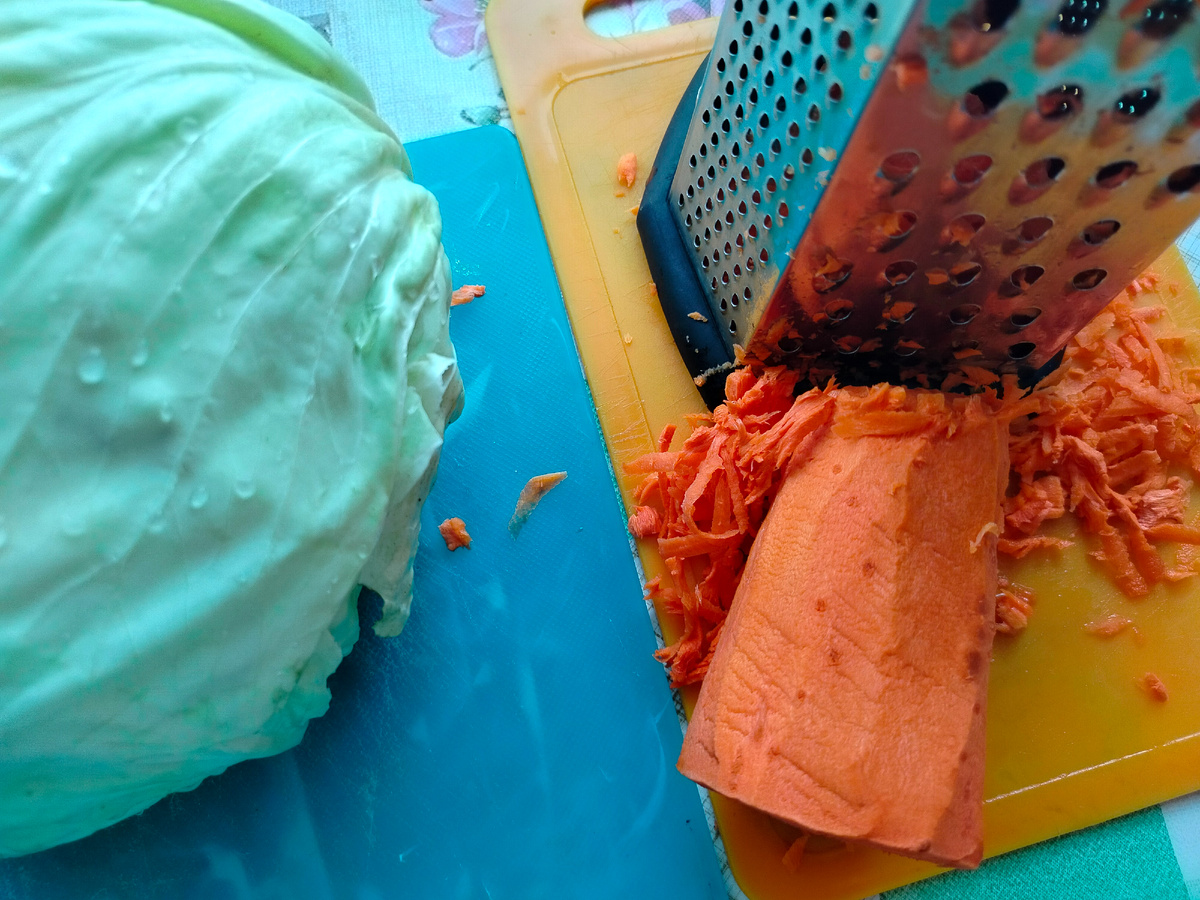 Дело пошло. Морковь трется, капуста режется, не без моего участия. Я в этом деле самый что ни на есть главный руководитель. А кто еще? Нас дома двое. Муж к этому дела ни имеет. У него свое хозяйство. А здесь стало быть я начальник над тёркой и капустой. 