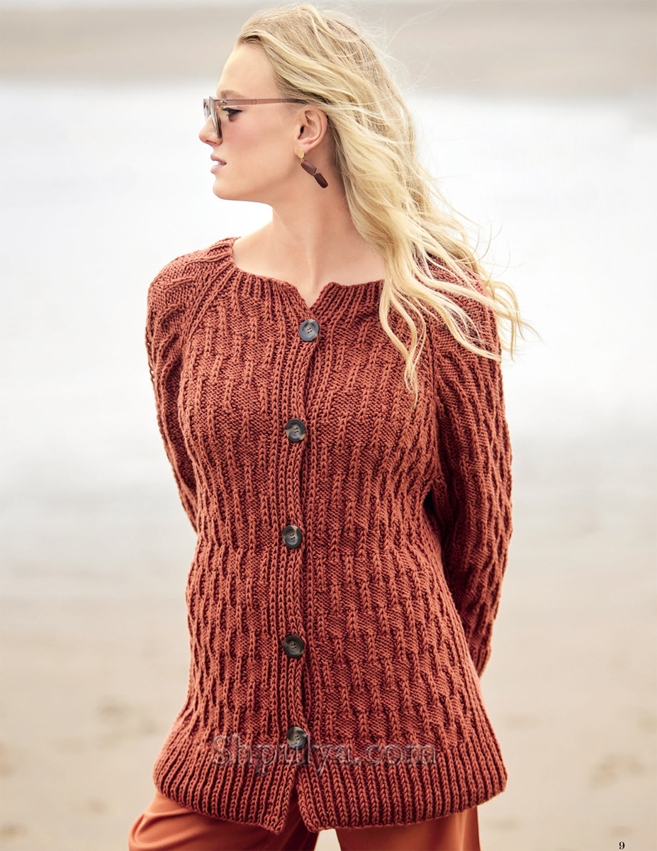 Жакет реглан структурным узором, связанный сверху вниз