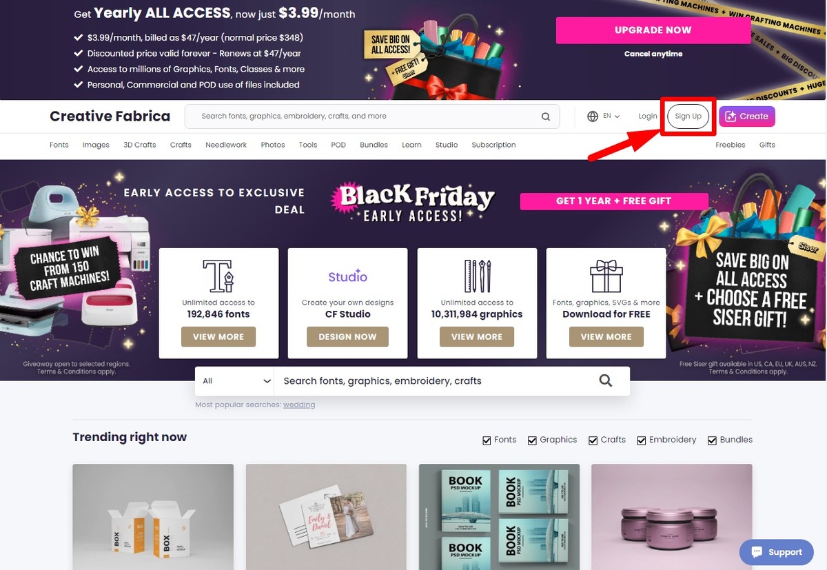 Кнопка для регистрации на сервисе Creative Fabrica