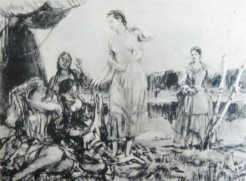 Купание царевны Натальи. Иллюстрация к роману Толстого А. Н. «Пётр I». Шмаринов Дементий Алексеевич, 1945 год. Из открытых источников