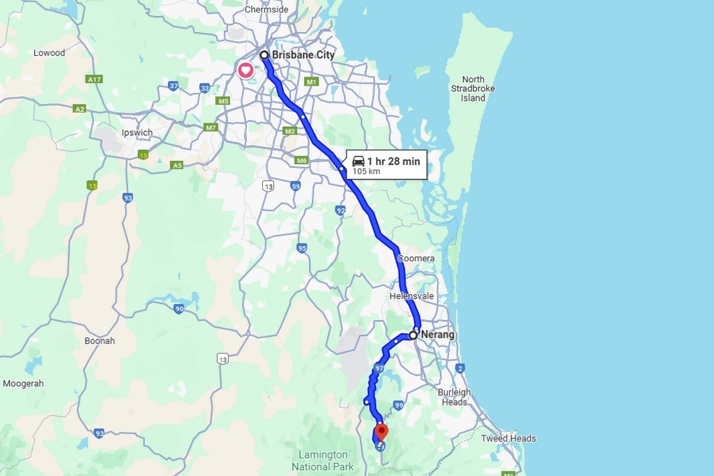 Маршрут от Брисбена до Национального Парка Спринбрук, источник - Гугл-мэпс
