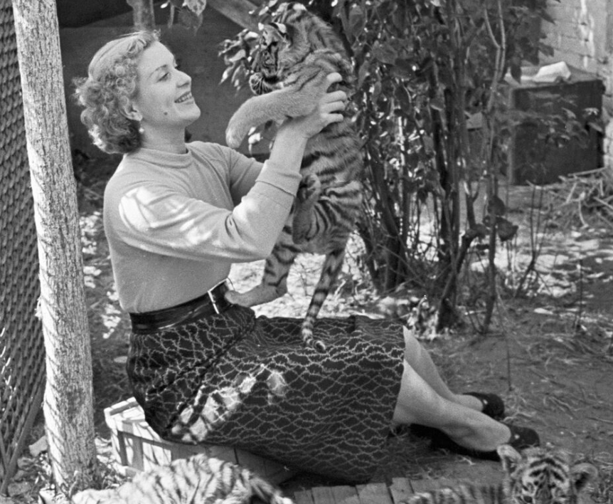 Советская дрессировщица, артистка цирка, киноактриса Маргарита Назарова с тигрятами, 1959 год. Фото: РИА Новости