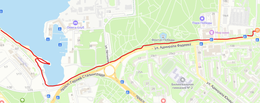 От улицы Щитовой по Фадеева, мимо Парка Победы на пляж Омега.