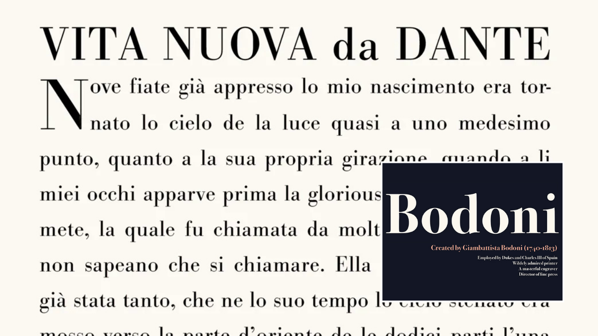 Факсимиле строк из «La Vita Nuova» Данте, впервые опубликованных шрифтом Bodoni издательством Officina Bodoni в 1925 году.