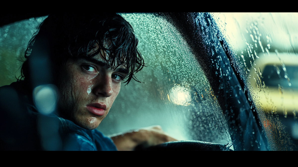 Обеспокоенный молодой водитель за рулем в доджливую погоду.