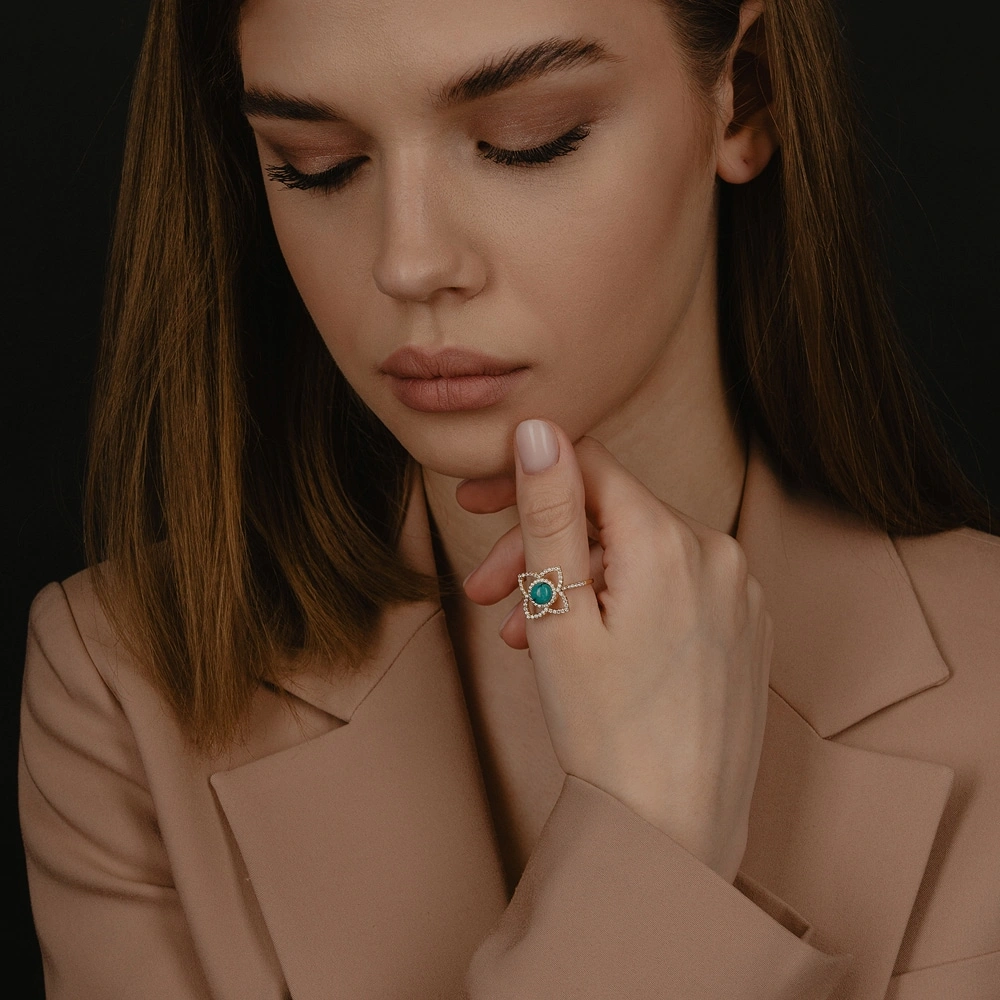 Серебряное кольцо позолоченное с бирюзой и фианитами 
Код: 000-345227 