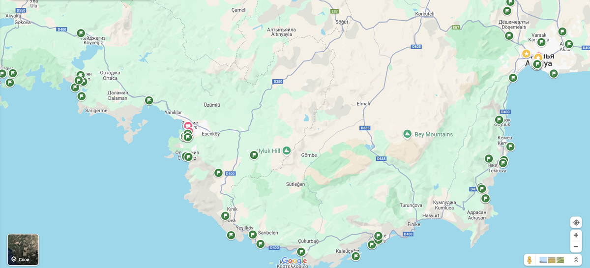 Турецкое побережье Средиземного моря: города Мармарис, Фетхие и Анталья с запада на восток