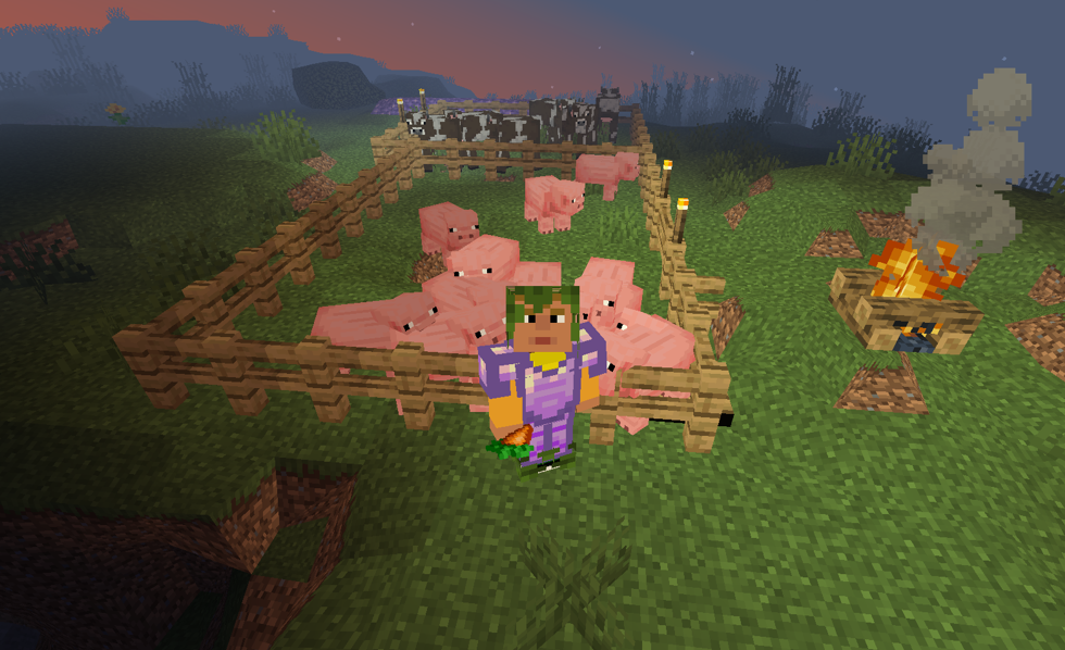 Стив даёт свиньям морковку. Скриншот моего сына.