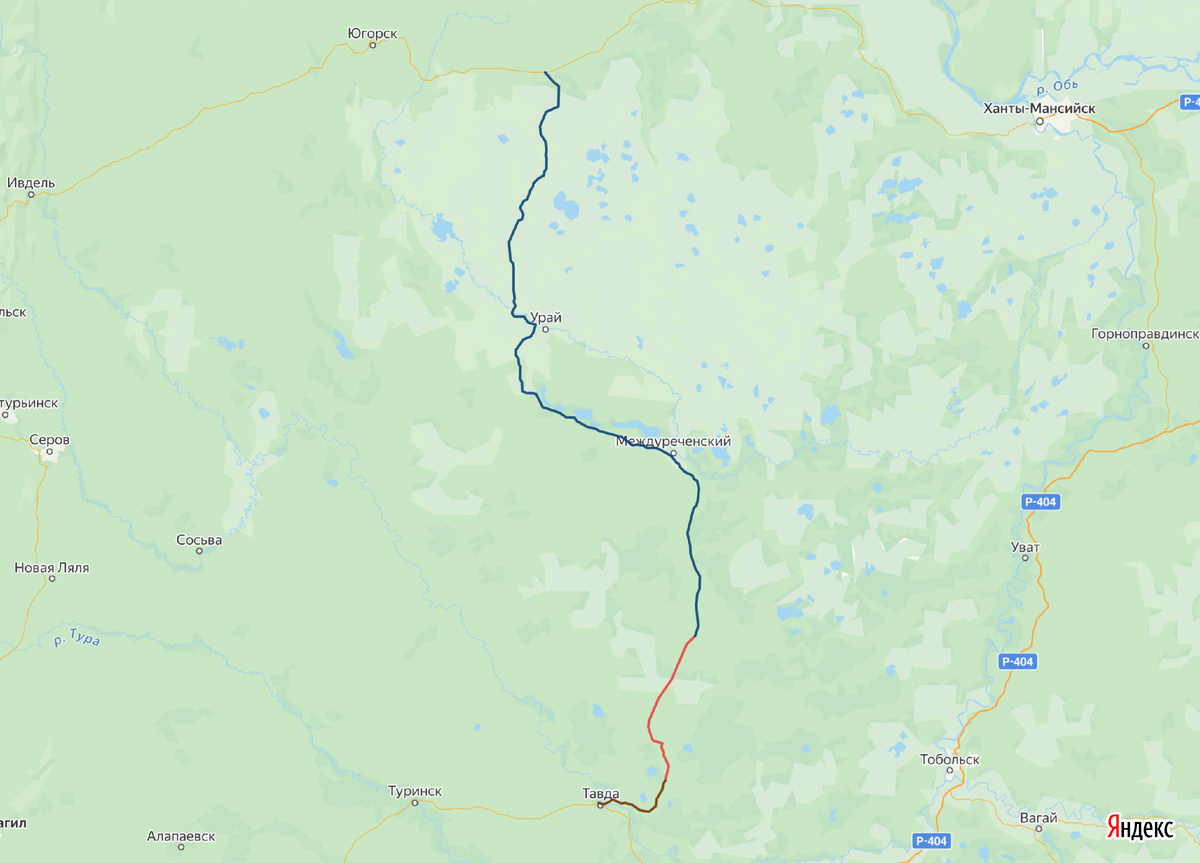 © yandex.ru/map-constructor (Красным — примерная трассировка будущей дороги. Коричневым — трасса «Тавда – Герасимовка – Владимировка». Синим — действущая дорога от Куминского до трассы «Ханты-Мансийск – Пермь». После ввода будущей дороги трасса «Тюмень – Нижняя Тавда – Междуреченский – Урай – Нягань» будет полностью завершена)